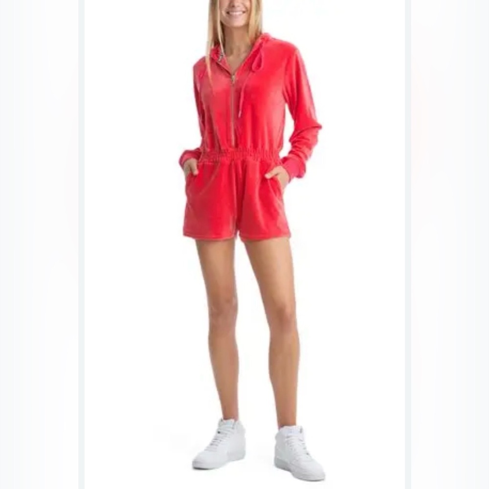 Juicy Couture Coral Red Velour Zip-Front Romper